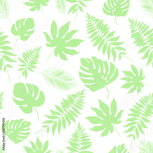 Tropical leaves seamless pattern. Jungle foliage silhouette. Vector