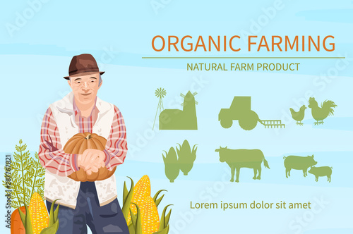 Old Farmer harvest Vector flat style. Organic agriculture template layouts