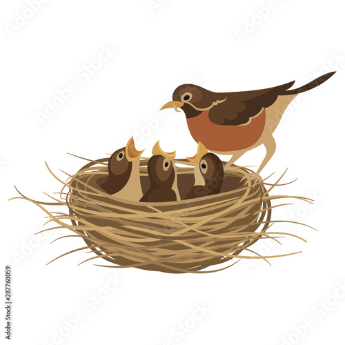 Cartoon bird's nest with chicks. Vector illustration for children. Springtime.