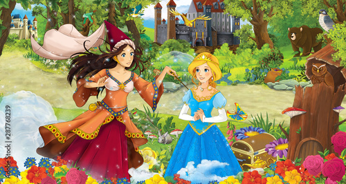 cartoon scene with happy young girl princess and sorceress in the forest near some castles - illustration for children