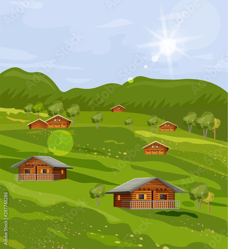 Rustic houses countryside summer green fields Vector flat styles