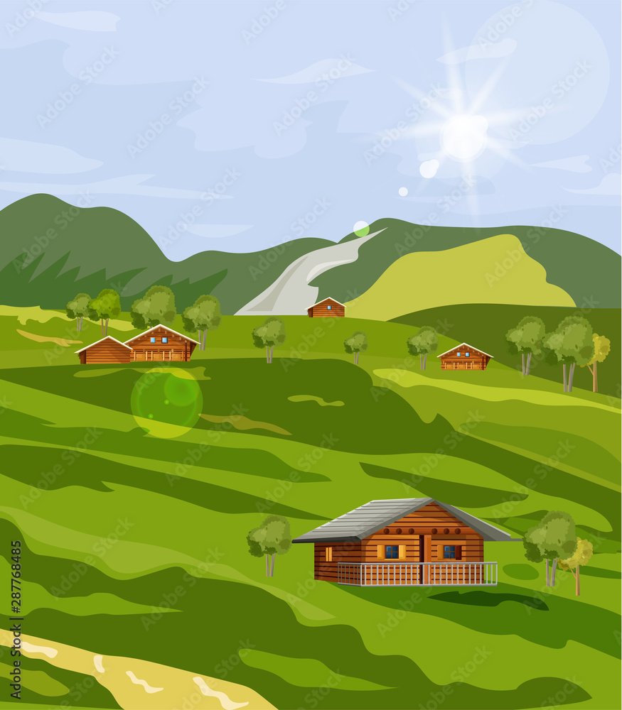 Countryside summer green fields Vector flat styles. Rustic provence houses Countryside summer green fields Vector flat styles. Rustic provence houses