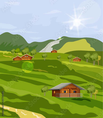 Countryside summer green fields Vector flat styles. Rustic provence houses