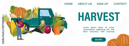 Harvest farming van Vector. Farmer fall season banner. Retro car vintage styles