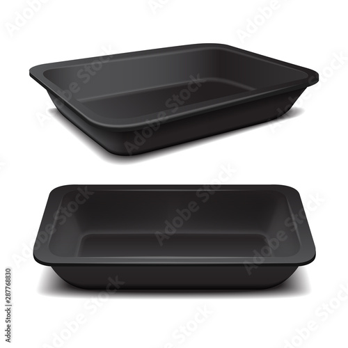 Black styrofoam food storage. Food plastic tray, dark foam meal container, empty box for food vector illustration