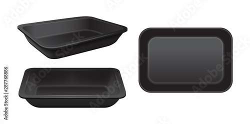 Empty styrofoam food storage. Black food plastic tray, set of foam meal containers