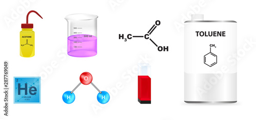 Vector set of chemical icons. Plastic yellow wash bottle, beaker, quartz glass cuvette, ball-and-stick water molecule, metal container can with toluene, acetic acid and helium from the periodic table.