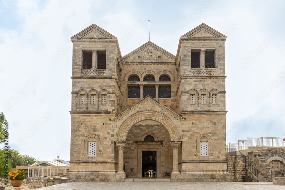 Facade of the catholic Christian Transfiguration Church located on Mount Tavor near Nazareth in Israel