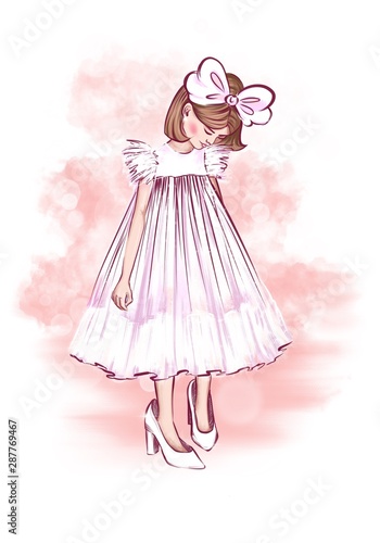 Art fashion litte girl dress posing . Fashion illustration kids clothing design idea print. Girl pink hair. little girl with a bow and in white dress put on her mother’s big shoes and looks at them