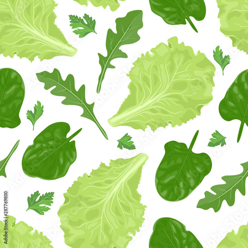 Green salad leaves isolated on white background seamless pattern. Vector illustration of fresh arugula, spinach, lettuce and parsley in cartoon simple flat style.