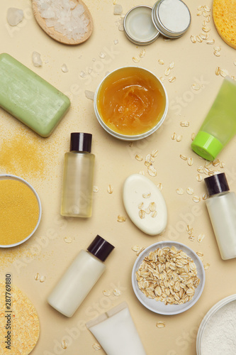 Natural organic cosmetic flat lay. Home spa concept. Skin, body and hair care products.