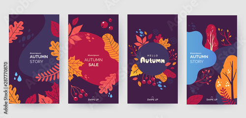 Set of abstract autumn backgrounds for social media stories. Colorful banners with autumn fallen leaves and yellowed foliage. Use for event invitation, discount voucher, advertising. Vector eps 10