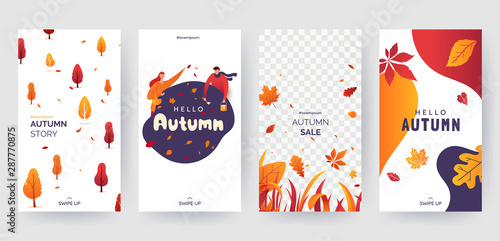 Set of autumn social media stories template. Colorful banners with autumn illustrations. Background collection with place for text. Concept for event invitation, promotion, advertising. Vector eps 10