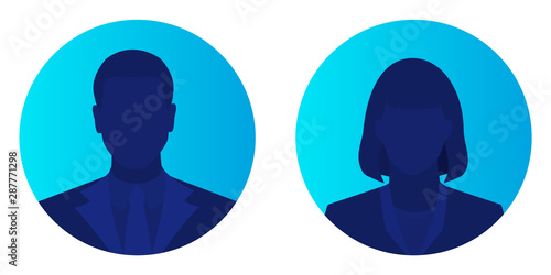 Male and female face avatars, man and woman silhouette heads in profile icon on blue brightly background. Flat style vector illustration isolated on white.