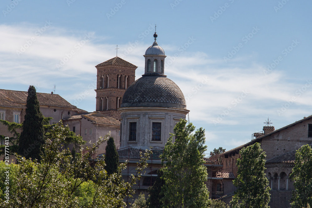 Dome and bell tower of Santi Giovanni e Paolo church in Rome, Italy.
