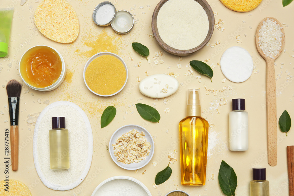 Natural organic cosmetic flat lay. Home spa concept. Skin, body and hair care products. Natural organic cosmetic flat lay. Home spa concept. Skin, body and hair care products.
