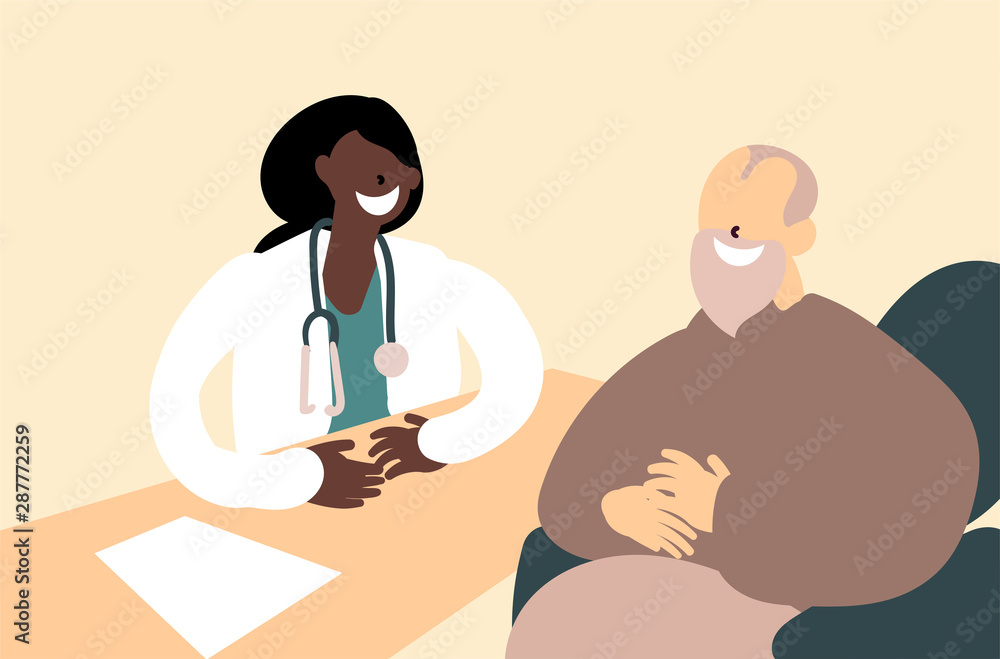 Flat style cartoon cute character, elderly caucasian man on wheelchair getting medical advice from african american female doctor, communication, healthcare. Hand drawn vector illustration. Flat style cartoon cute character, elderly caucasian man on wheelchair getting medical advice from african american female doctor, communication, healthcare. Hand drawn vector illustration.