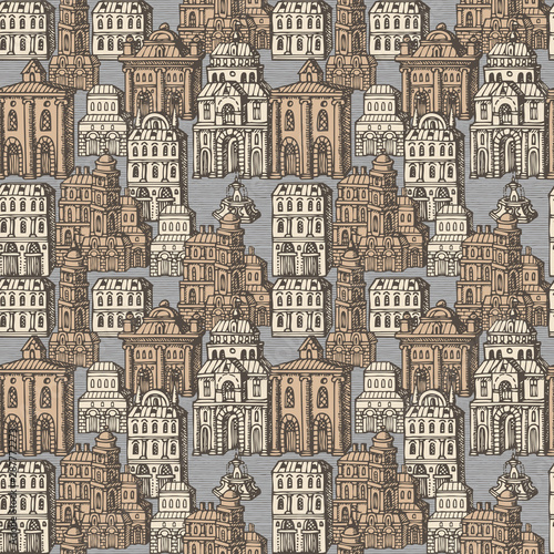 Vector seamless pattern with old hand drawn houses in retro style. Cityscape background with old style building facades and fountains, can be used as wallpaper, wrapping paper, textile, fabric