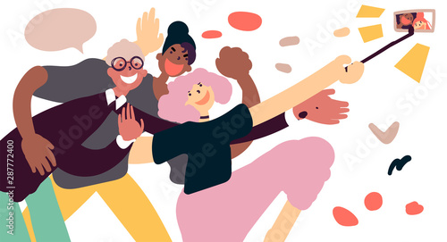 Family selfie hand drawn vector illustration cartoon cute character, elderly man with grandkids using smartphone to make selfie together happy active lifestyle, technology use.