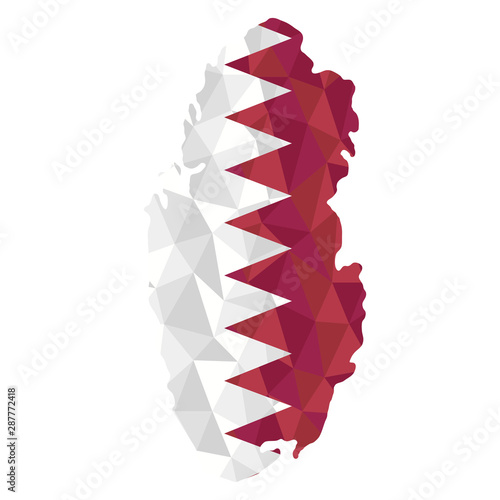 Polygonal flag of Qatar on contour of the country map. Low poly style vector illustration eps