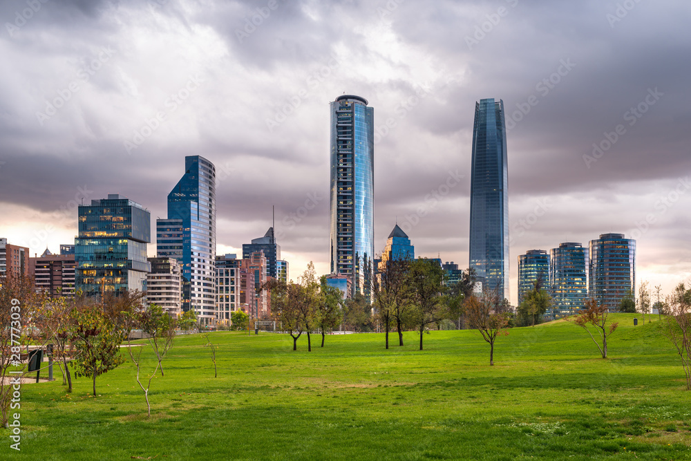 Skyline of financial district from Parque Bicenternario (Bicentennial Park) at Vitacura district, Santiago de Chile