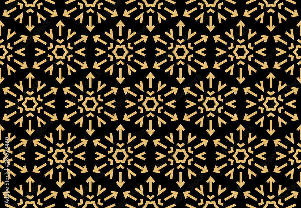 Abstract geometric pattern with lines, snowflakes. A seamless vector background. Gold and black texture. Graphic modern pattern Abstract geometric pattern with lines, snowflakes. A seamless vector background. Gold and black texture. Graphic modern pattern