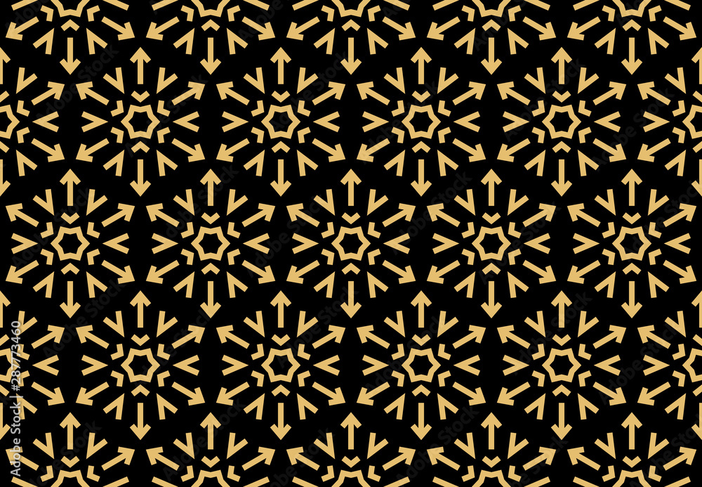 Abstract geometric pattern with lines, snowflakes. A seamless vector background. Gold and black texture. Graphic modern pattern