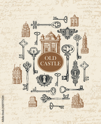 Vector banner with vintage keys, keyholes, old building and inscription Old castle. Hand-drawn illustration in retro style on abstract background of faded old manuscript with spots and blots