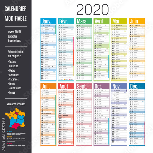 Calendrier 2020 modifiable (éléments isolés sur calques, textes en ARIAL éditables et vectorisés)