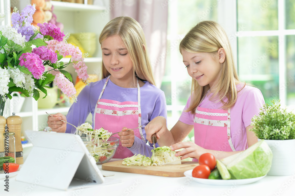 Two girls in pink aprons preparing salad Two girls in pink aprons preparing salad