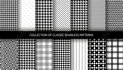 Collection of classic fashion houndstooth seamless geometric patterns. Variations of pied de poule print