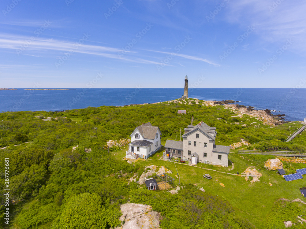 Aerial view of Thacher Island Lighthouse on Thacher Island, Rockport, Cape Ann, Massachusetts, USA. Thacher Island Lighthouses was built in 1771. Aerial view of Thacher Island Lighthouse on Thacher Island, Rockport, Cape Ann, Massachusetts, USA. Thacher Island Lighthouses was built in 1771.