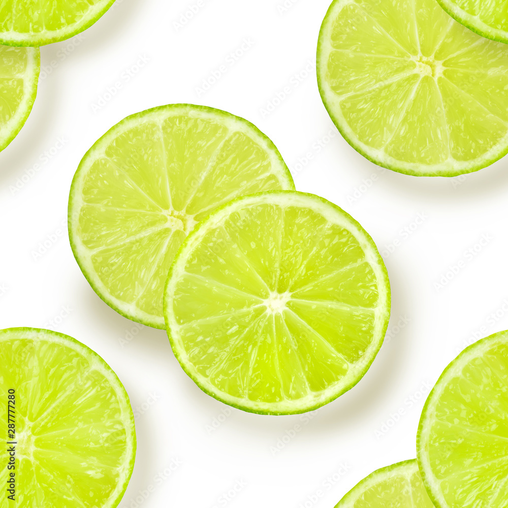 A seamless pattern of lime slices on a white background, a vibrant fruity citrus repeat print