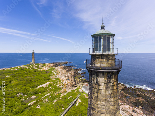 Aerial view of Thacher Island Lighthouses on Thacher Island, Rockport, Cape Ann, Massachusetts, USA. Thacher Island Lighthouses was built in 1771.