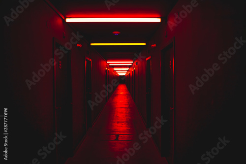 Fototapet Red light corridor scary concept horror scenery fear concept