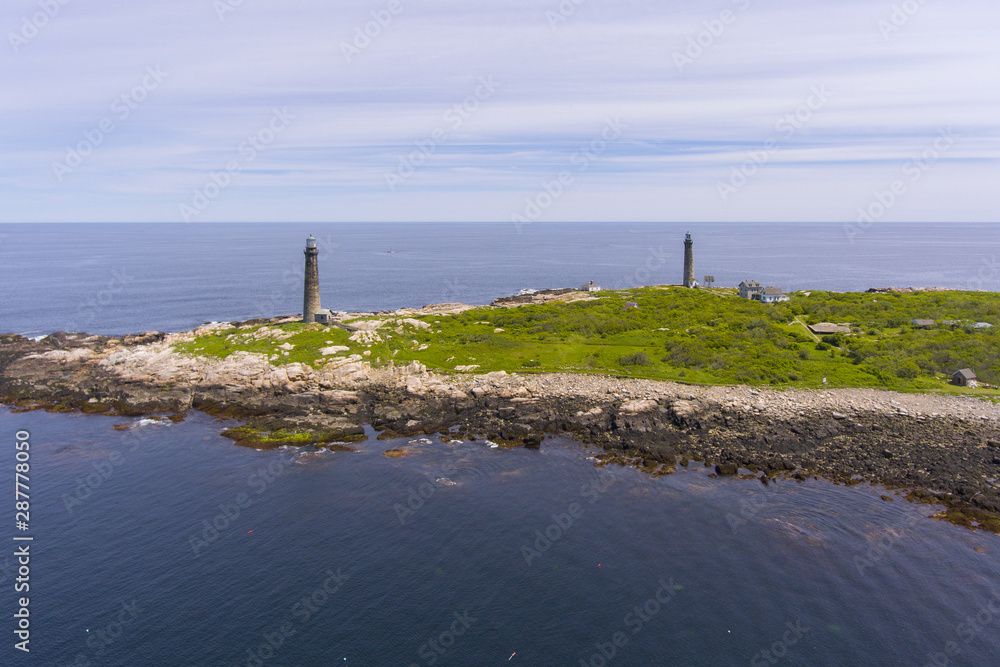 Aerial view of Thacher Island Lighthouses on Thacher Island, Rockport, Cape Ann, Massachusetts, USA. Thacher Island Lighthouses was built in 1771.