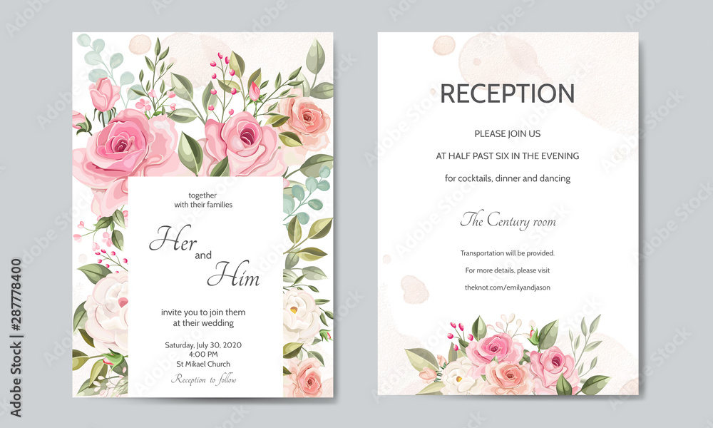 wedding invitation card  template set with beautiful floral leaves