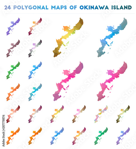 Set of vector polygonal maps of Okinawa Island. Bright gradient map of island in low poly style. Multicolored Okinawa Island map in geometric style for your infographics.