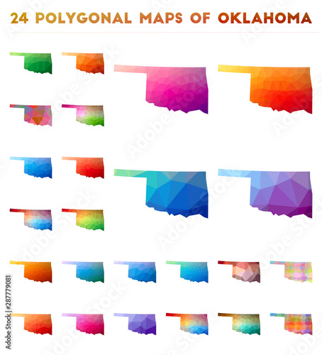 Set of vector polygonal maps of Oklahoma. Bright gradient map of US state in low poly style. Multicolored Oklahoma map in geometric style for your infographics.