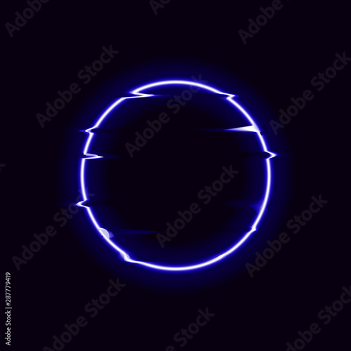 Vector Glitch Ring, Round Shape, Shining Neon Illustration on Dark Black Background.