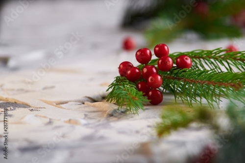 Christmas decoration background: holly berries on light background