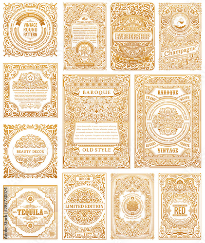 Vintage set retro cards. Template greeting card wedding invitation. Line calligraphic frames