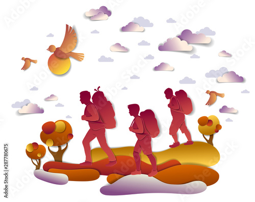 Happy active family hiking in autumn through meadows and fields with trees and birds in the autumnal sky. Father mother and son hikers having time of freedom in nature, vector illustration.