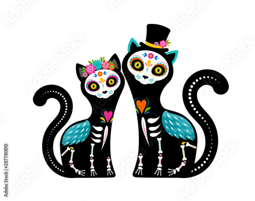 Day of the dead, Dia de los muertos, cats skulls and skeleton decorated with colorful Mexican elements and flowers. Fiesta, Halloween, holiday poster, party flyer. Vector illustration