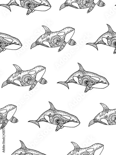 Vector illustration of seamless pattern from hand drawing patterned killer whale. Doodle Orca. Coloring page book anti stress for adult