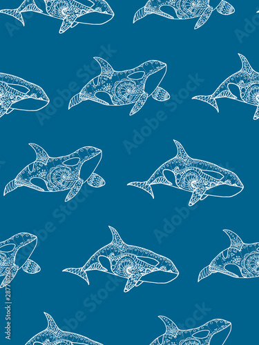 Vector illustration of seamless pattern from hand drawing patterned killer whale. Doodle Orca. Decorative marine background