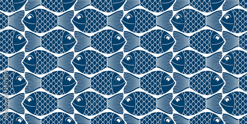 Funny cartoon fishes vector seamless background, cute childish pattern for children textile or wrapping paper or packaging for seafood products.