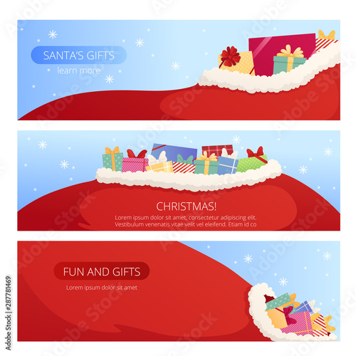 Horizontal banners with santa bags for christmas design. Opening screen, onboarding Vector illustration