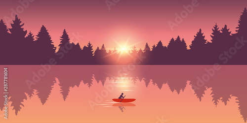 lonely canoeing adventure with red boat forest landscape at sunrise vector illustration EPS10