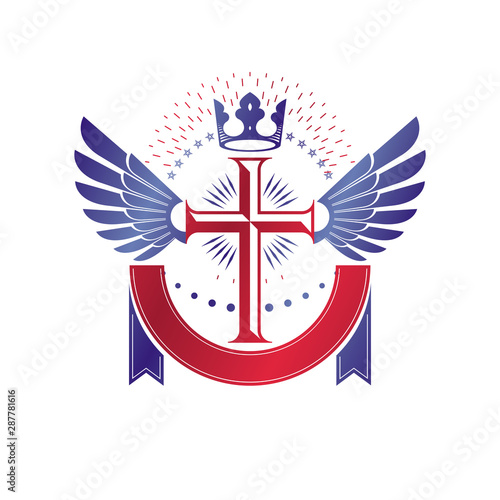 Winged Christian Cross emblem composed with royal crown and luxury ribbon. Heraldic Coat of Arms decorative logo isolated vector illustration. Religion and spirituality theme symbol.